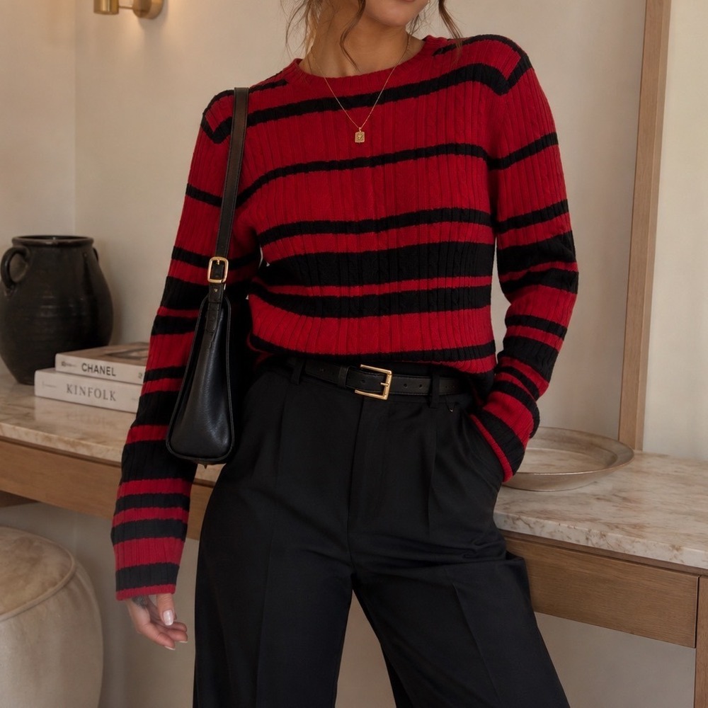 Marsh Landing Vintage Red Black Striped Cable Knit Cotton Sweater Large zz